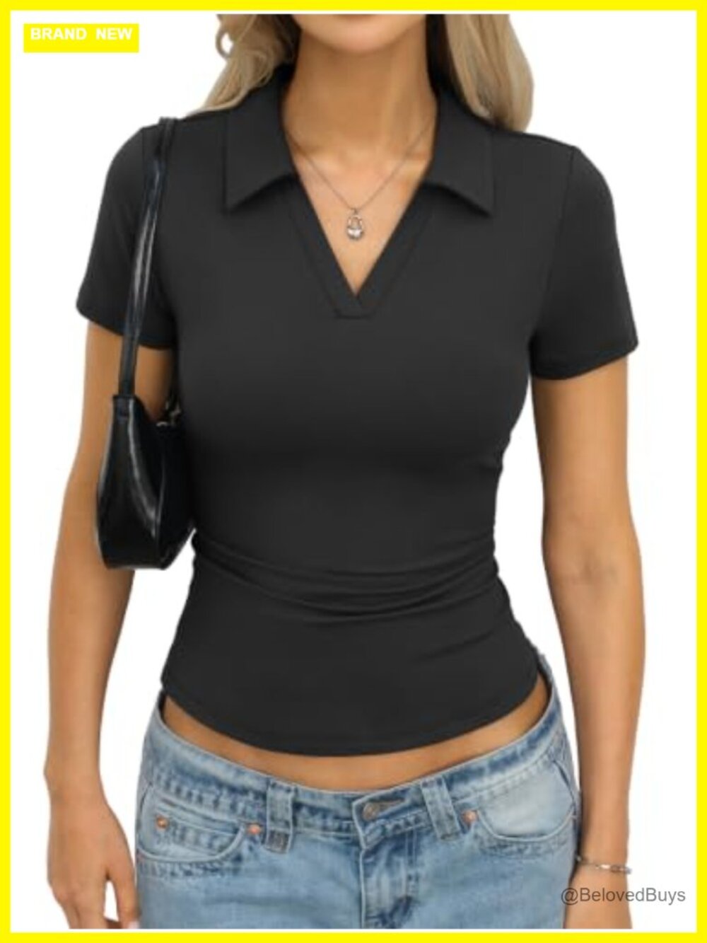 Womens Polo Shirt Tight Short Sleeve V Neck Business Casual Top